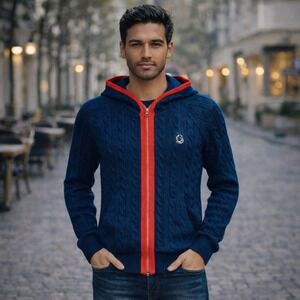 Billionaire Boys Club Cable Knit Zip Hoodie Teal Red Astronaut Logo Large Cotton